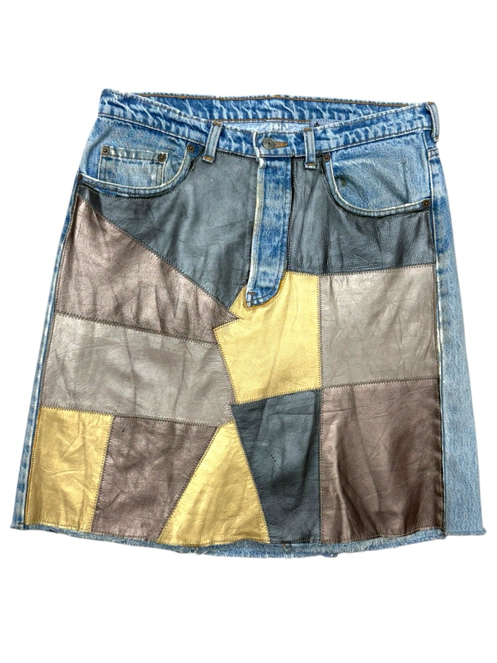 Vintage Leather Patchwork Skirt Upcycled Levi’s 501 Denim Jeans Size 12 - Picture 14 of 16